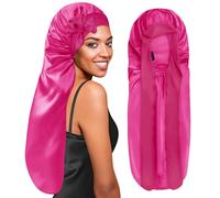 BONNET QUEEN Cuffia Seta Capelli Notte Regolabili Cuffia Capelli Ricci Bonnet con Lacci Lunghi e Bottone Lunga Protettiva Anti-Crespo, Rosa Acceso