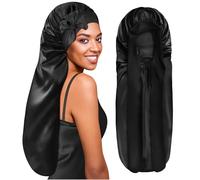 BONNET QUEEN Cuffia Seta Capelli Notte Regolabili Cuffia Capelli Ricci Bonnet con Lacci Lunghi e Bottone Lunga Protettiva Anti-Crespo, Nero