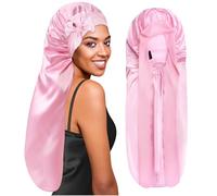 BONNET QUEEN Cuffia Seta Capelli Notte Regolabili Cuffia Capelli Ricci Bonnet con Lacci Lunghi e Bottone Lunga Protettiva Anti-Crespo, Rosa