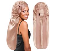 BONNET QUEEN Cuffia Seta Capelli Notte Regolabili Cuffia Capelli Ricci Bonnet con Lacci Lunghi e Bottone Lunga Protettiva Anti-Crespo, Champagne
