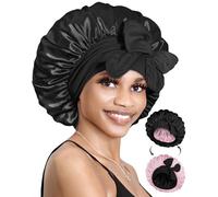 BONNET QUEEN Cuffia Seta Capelli Notte Reversibile Cuffia Capelli Ricci Doppio Strato Bonnet con Lacci Lunghi Regolabili Protettiva Anti-Crespo, Nero & Rosa