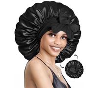 BONNET QUEEN Cuffia Seta Capelli Notte Reversibile Cuffia Capelli Ricci Doppio Strato Bonnet con Lacci Lunghi Regolabili Protettiva Anti-Crespo, Nero