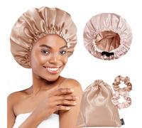 BONNET QUEEN Cuffia Seta Regolabile da Notte Reversibile,Due Strati,Fascia Elastica,Giada&Champagne