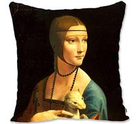 BONNIU Federa Copricuscino Decorativo con Cerniera 40X40 cm Federe Cuscini Velluto Ritratto Donna Barocca Rinascimentale Art Deco - Da Vinci - Dama l'Ermellino DV016