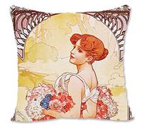 BONNIU Federa Copricuscino Decorativo con Cerniera 40X40 cm Federe Cuscini Velluto Ritratto Ragazza Vintage Art Deco - Mucha - Ete Estate 1903 AL046