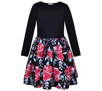 BONNY BILLY Vestito Bambina Casual Cotone Jersey Floreale Corto Invernale Manica Lunga 7-8 Anni Nero