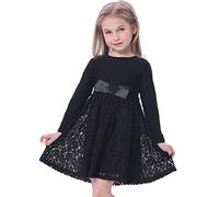 BONNY BILLY Vestito Bambina Elegante Casual Cotone Pizzo Invernale Manica Lunga con Fiocco 10-11 Anni Nero