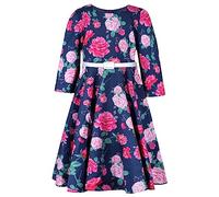 BONNY BILLY Vestito Bambina Elegante Cerimonia Festa Floreale Vintage Invernale Manica Lunga con Cintura 8-9 Anni Blu Navy e Rosa