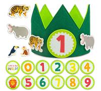 BONNYCO Corona Compleanno Bambino Animali Giungla Numeri Intercambiabili 0-9 e Personaggi a Tema Corona Primo Compleanno Bimbo, Regalo Bambino 1 Anno | Cappellini Decorazioni Giungla Carnevale