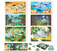 BONNYCO Puzzle Legno Bambini 6 Sets 24 Pcs, Animali di Diversi Ecosistemi. Puzzle 3-8 Anni con Tavoletta, Giochi Educativi. Giocattoli, Regalo Bambino e Bambina, Natale