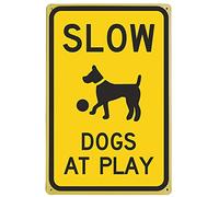 Bonoff Slow Dogs at Play Watch for Sign The Down Dog Yard Signs Targa in metallo latta per cucina pub divertente novità caffè bar garage poster da parete cortile uomo grotta 30,5 x 40,6 cm