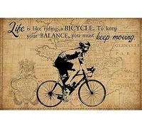 Bonoff Targa vintage in latta con scritta in lingua inglese "Cycling Man, Life Like Riding Bicycle, to Keep Your Balance, You Must Keep Moving", decorazione rustica per la casa, soggiorno, fattoria