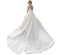 BONOOL Abito da Sposa Scoop Sirena 2 in 1 in Pizzo a Maniche Lunghe con Applicazioni e Strascico Staccabile