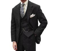 BONOW Tuta da uomo in tweed, vestibilità aderente, 3 pezzi, a spina di pesce, abito da sposa per testimoni dello sposo, smoking, ballo di fine anno, giacca e pantaloni, nero, M
