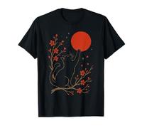 Bonsai Albero Ramo Fiori Tramonto Silhouette Gatto Giapponese Maglietta