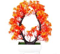 Bonsai artificiale con elementi realistici di fiori di prugno, progettato per essere esposto tutto l'anno in ambienti climatizzati (tramonto)