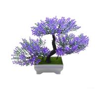 Bonsai artificiale con vaso di cemento in plastica, pianta finta in miniatura per casa e ufficio, decorazione realistica per scrivania, bassa manutenzione, verde 18,5 cm (viola)