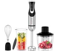Bonsenkitchen Frullatore a Immersione 4 in 1, 1000W Inox con 12 Velocità e Turbo, Include Frusta, Bicchiere 700ml, Tritatutto
