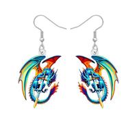 BONSNY Arcobaleno Drago Orecchini Pendenti, Fantasia Creatura Mitica Design, Ali Colorate, Divertente Novità Gioielli Ipoallergenici Per Donne Ragazze Cosplay Eventi Fantastici Accessori (Blu)