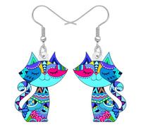 BONSNY Colorato Gatto Orecchini Pendenti Geometrico Motivo Tribale Gioielli per Donne Ragazze Amanti Gatti Regali Novità Divertente Ipoallergenici Charms (Blu)