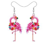 BONSNY Orecchini pendenti con fenicottero tropicale, uccelli rosa, gioielli con fiori di ibisco, stile spiaggia hawaiana, design floreale colorato, Medium, Acrilico Acciaio inossidabile, Nessuna