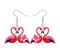 BONSNY Orecchini pendenti con fenicottero tropicale, uccelli rosa, gioielli con fiori di ibisco, stile spiaggia hawaiana, design floreale colorato, M, Acrilico Acciaio inossidabile, Nessuna pietra