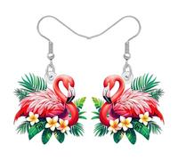 BONSNY Orecchini pendenti con fenicottero tropicale, uccelli rosa, gioielli con fiori di ibisco, stile spiaggia hawaiana, design floreale colorato, Medium, Acrilico Acciaio inossidabile, Nessuna