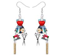 BONSNY Orecchini pendenti vintage a forma di macchina da cucire, blu e oro, stile retrò con forma di vestito, bobina di filo, ciondoli a nastro misuratore, gioielli alla moda regali per artigiani