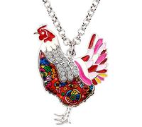 BONSNY Smalto Silvestone Farm Lover Pollo Gallina Collana Ciondolo Gioielli di Moda per Le Donne Regalo, Smalto, Red, 41mm x 31mm