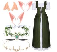 Bonuci Costume medievale da donna rinascimentale con orecchie da elfo, catena per la testa di luna e corona da fata del bosco per carnevale (L/XL, maniche corte verde chiaro)