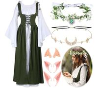 Bonuci Costume medievale da donna rinascimentale con orecchie da elfo, catena per la testa di luna e corona da fata nei boschi, per Halloween (verde chiaro, XS)