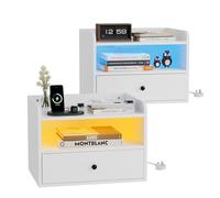 BonVache Comodino sospeso, set di 2 prese e luci LED, montaggio a parete con spazio aperto e cassetti, per soggiorno, camera da letto, avorio