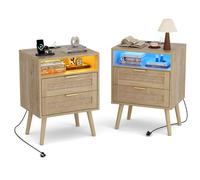 BonVache Set di 2 Comodini, Luce LED e Stazione di Ricarica, 2 Prese AC e Porte USB, Vano aperto e 2 cassetti in rattan naturale, Gambe in legno massello, Per Camera da Letto, Soggiorno