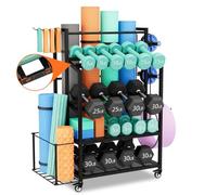 Bonvork - Supporto per pesi regolabile per manubri, per palestra, tappetino da yoga, kettlebell in schiuma, organizer per attrezzature da allenamento, con ruote, di nuova versione