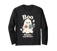 Boo Books And Brews Carino Fantasma Lettura caffè Halloween Maglia a Manica