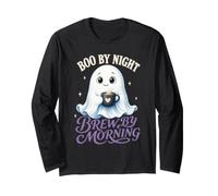 Boo by Night Brew by Morning Carino Halloween Ghost Coffee Maglia a Manica