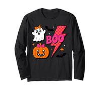 Boo Ghost Pumpkin Retro Rosa Halloween Checkered Lightning Maglia a Manica