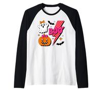 Boo Ghost Pumpkin Retro Rosa Halloween Checkered Lightning Maglia con Maniche Raglan
