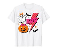 Boo Ghost Pumpkin Retro Rosa Halloween Checkered Lightning Maglietta