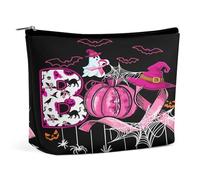 Boo Halloween Zucca Nastro Rosa Strega Cancro al Seno Borse per il Trucco per Donna Borsa da Viaggio per Cosmetici Borsa in Pelle PU Resistente all'Acqua con Astuccio con Cerniera