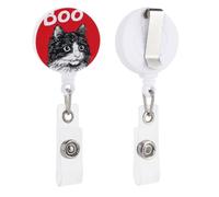 Boo - Porta badge retrattile a forma di gatto nero su sfondo rosso, con clip per documenti, per dottori, infermieri, studenti, impiegati
