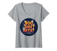 Boo Sheet Artist This Is Boo Foglio Spooky Halloween Fun Maglietta con Collo a V, Donna, Grigio Melange, S