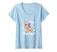 Boo-Tiful Bassotto Halloween Felpa Spettrale Amante dei Cani Maglietta con Collo a V, Donna, Celeste, XL