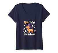 Boo-Tiful Bassotto Halloween Felpa Spettrale Amante dei Cani Maglietta con Collo a V, Donna, Navy, S