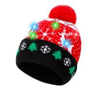 Booaee Cappello natalizio a LED per adulti, con luce LED, unisex, con pompon con luce, berretto elastico a maglia, con renna, nevicata stampata, cappello di Natale luminoso per decorazioni natalizie