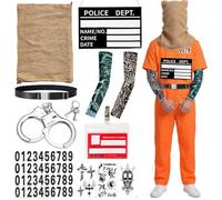 Booaee Costume da prigioniero da uomo, costume da prigione con manette, tatuaggi, targhette per il nome, tuta arancione per adulti, per Halloween e carnevale