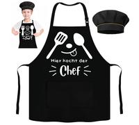 Booaee Grembiule Da Cucina Per Bambini, Grembiule Da Pittura Con Scritta "Hier Kocht Der Chef", Set Completo Con Cappello Da Chef, Nero, Taglia Unica