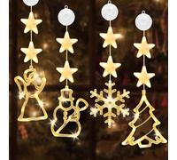 Booaee Illuminazione natalizia, 4 luci a LED per finestre, con ventosa natalizia, fiocchi di neve, pupazzo di neve, angelo, albero di Natale, catena luminosa bianca calda, decorazione per interni ed