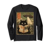 Book Lover UFO Alien Abduction Vintage Japanese Cat Maglia a Manica