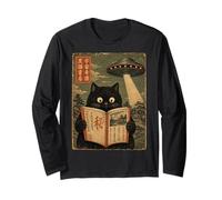 Book Lover UFO Alien Abduction Vintage Japanese Cat Maglia a Manica